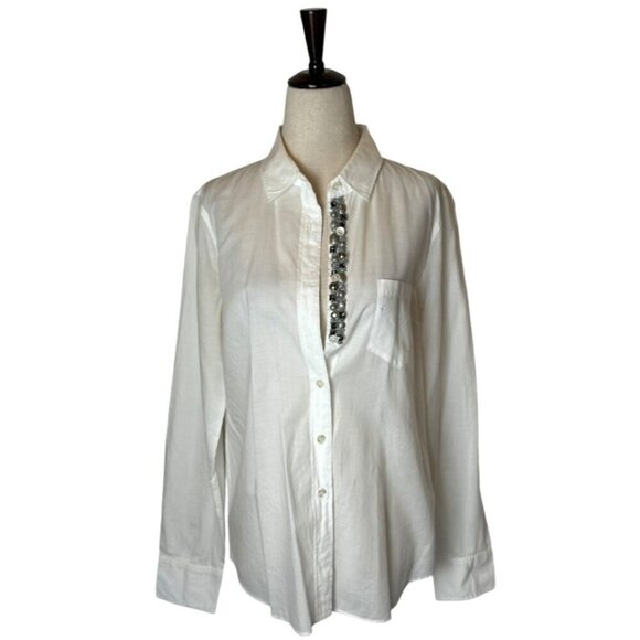 J‎ Crew Shirt Women 4 White Cotton Jeweled Neckline Button Down The Boy Shirt - Picture 1 of 11